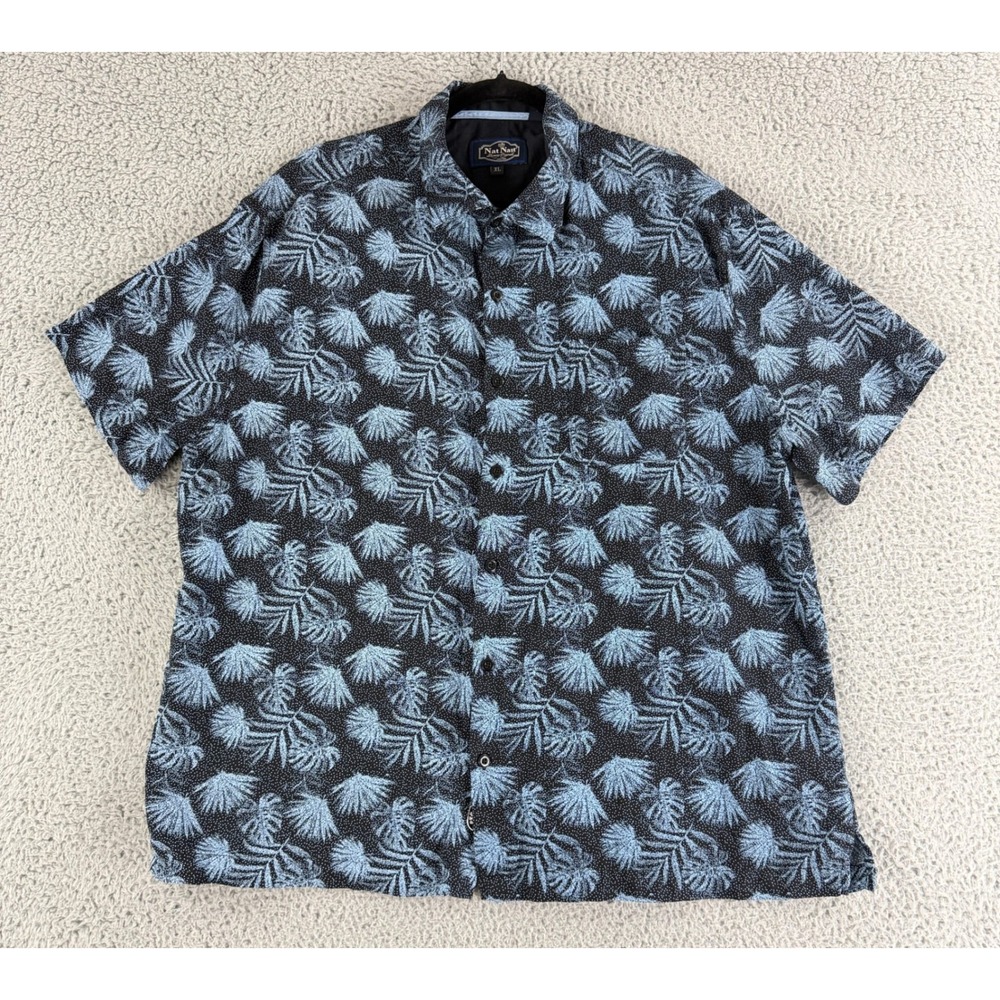 Nat Nast Luxury Original Button Down Men XL Blue Silk Cotton Tropical Palm Shirt